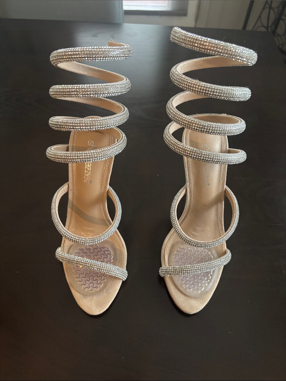 Shoe Dazzle Spiral Rhinestone Wrap Heels in Nude